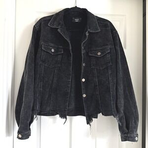 VICI‎ Corduroy Jacket Distressed Hem Button Front Black Jean Jacket Medium